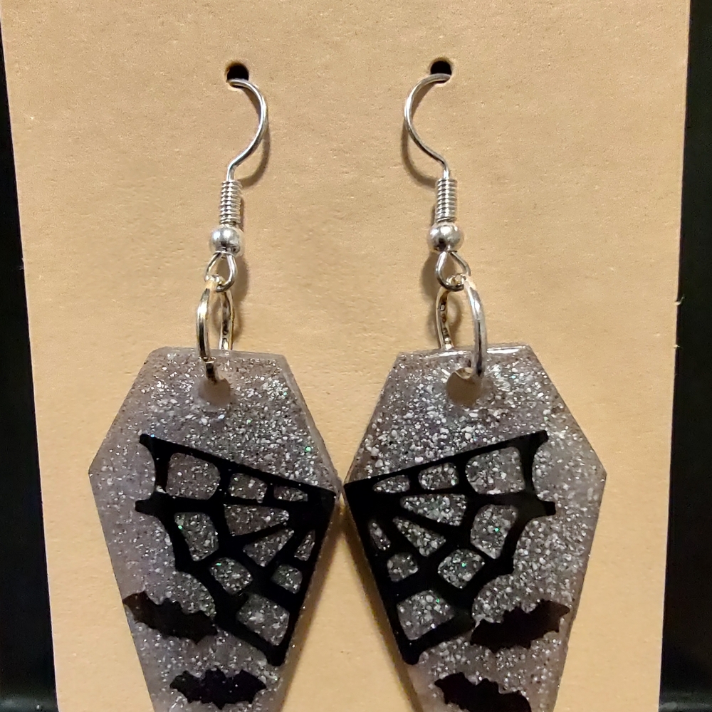 Glitter Coffin Earrings with Bat Design